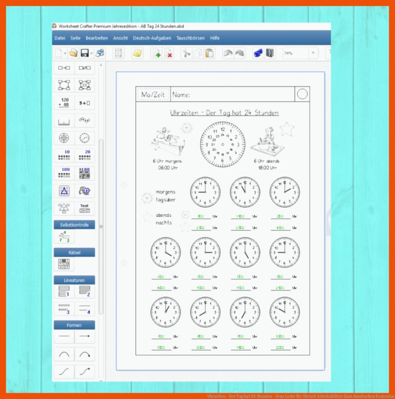 Uhrzeiten - Der Tag hat 24 Stunden - Frau Locke für uhrzeit arbeitsblätter zum ausdrucken kostenlos