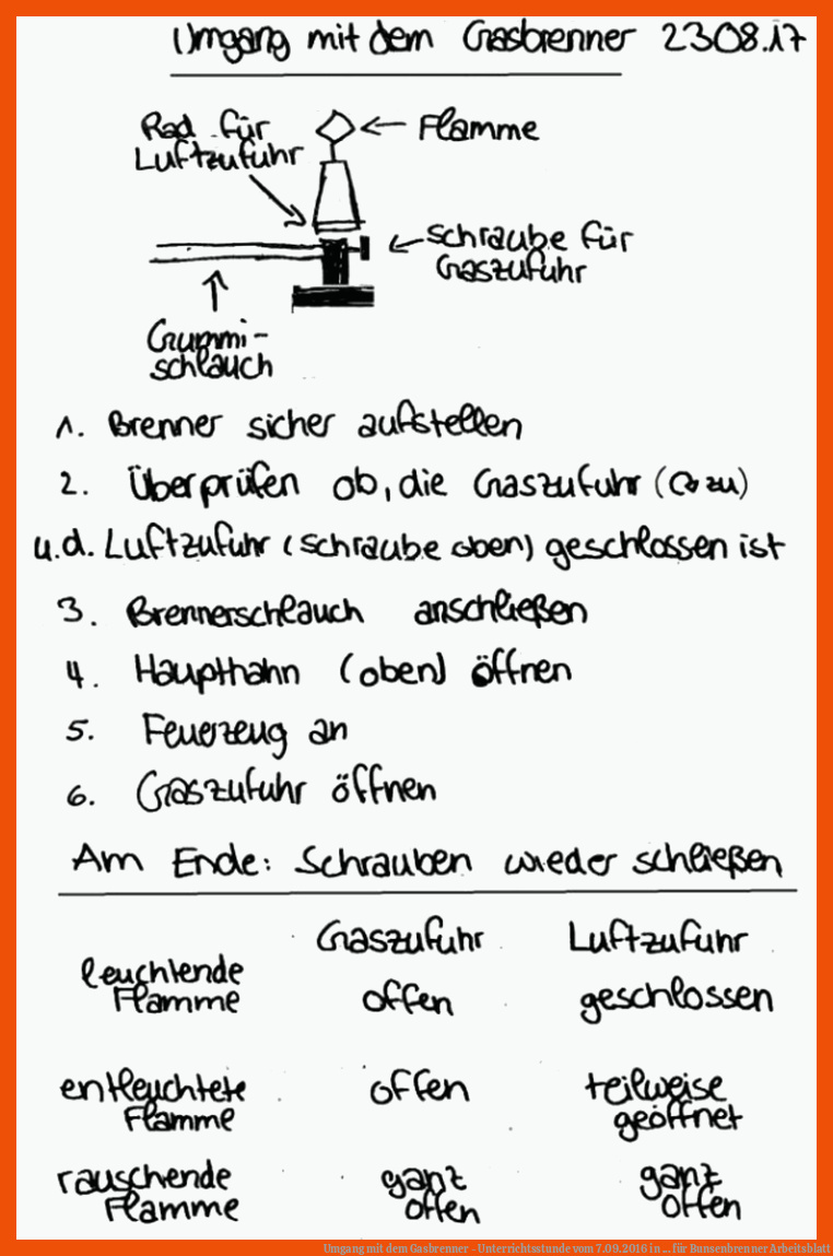 Umgang mit dem Gasbrenner - Unterrichtsstunde vom 7.09.2016 in ... für bunsenbrenner arbeitsblatt