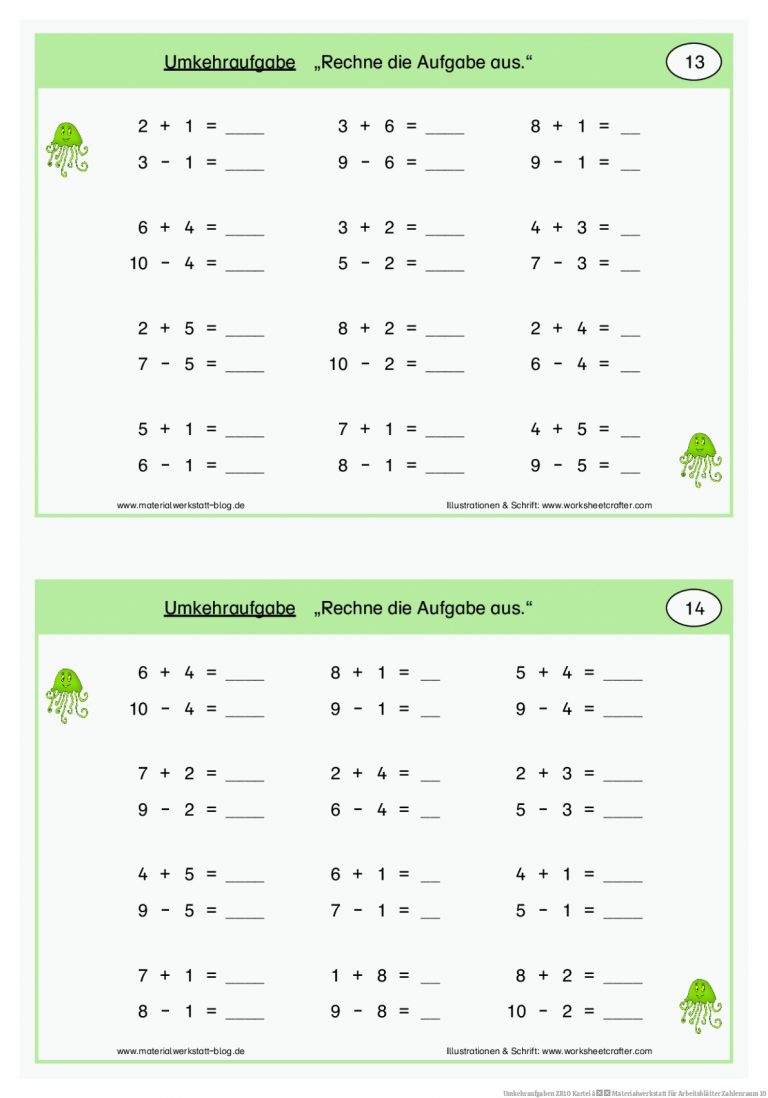Umkehraufgaben ZR10 Kartei â Materialwerkstatt für Arbeitsblätter Zahlenraum 10