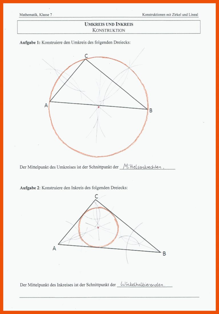 Umkreis Und Inkreis - Erarbeitung Und Ãbung (mit LÃ¶sungen ... Fuer Inkreis Umkreis Arbeitsblatt Mit Lösungen