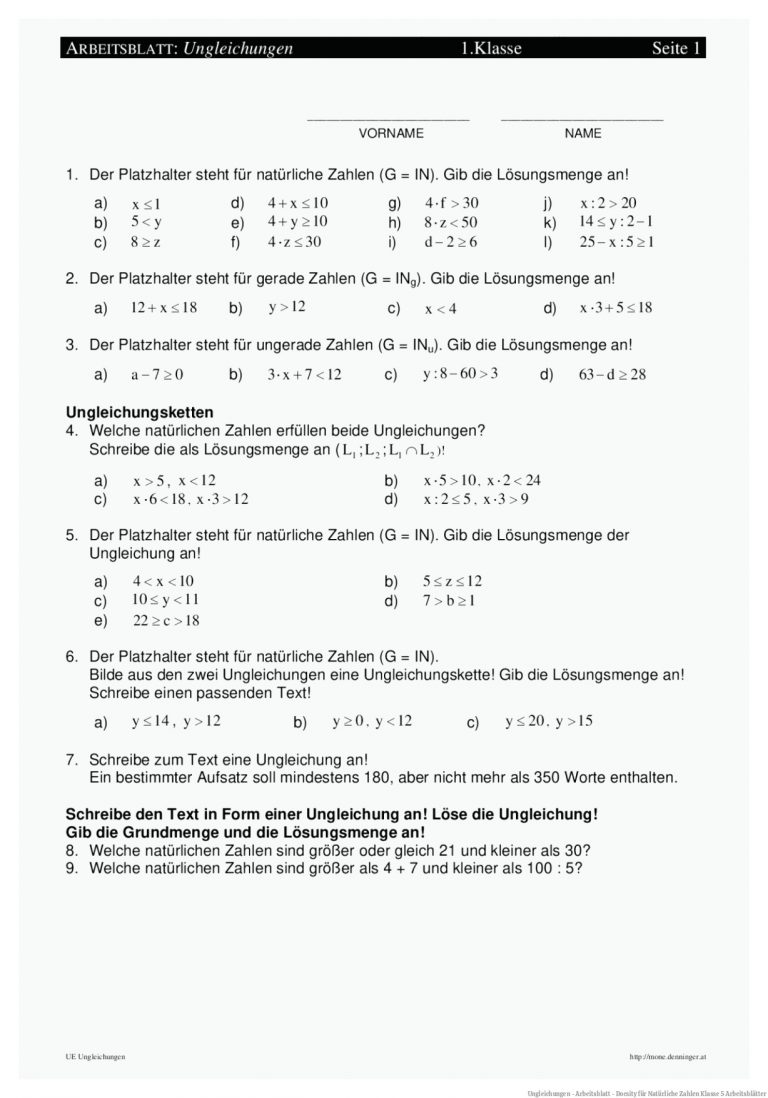 Ungleichungen - Arbeitsblatt - Docsity für Natürliche Zahlen Klasse 5 Arbeitsblätter
