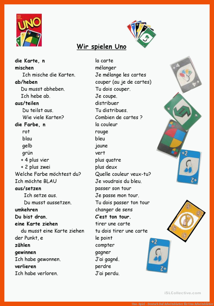 Uno-Spiel - Deutsch Daf Arbeitsblatter für uno arbeitsblätter
