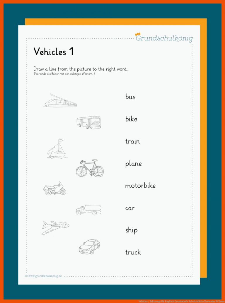 Vehicles / Fahrzeuge für englisch grundschule arbeitsblätter kostenlos at home