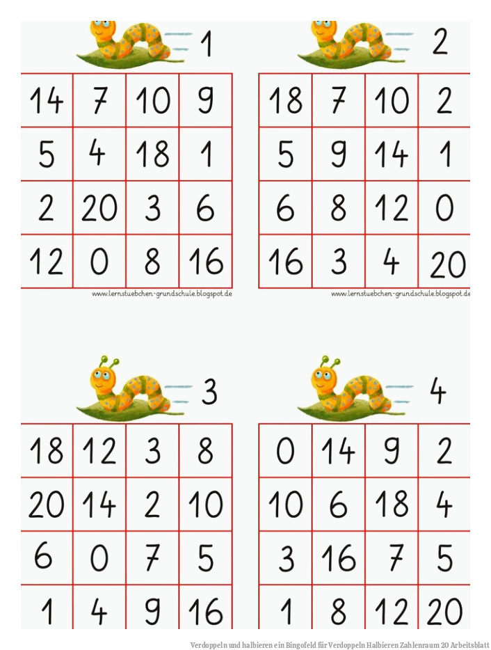 Verdoppeln und halbieren ein Bingofeld für Verdoppeln Halbieren Zahlenraum 20 Arbeitsblatt