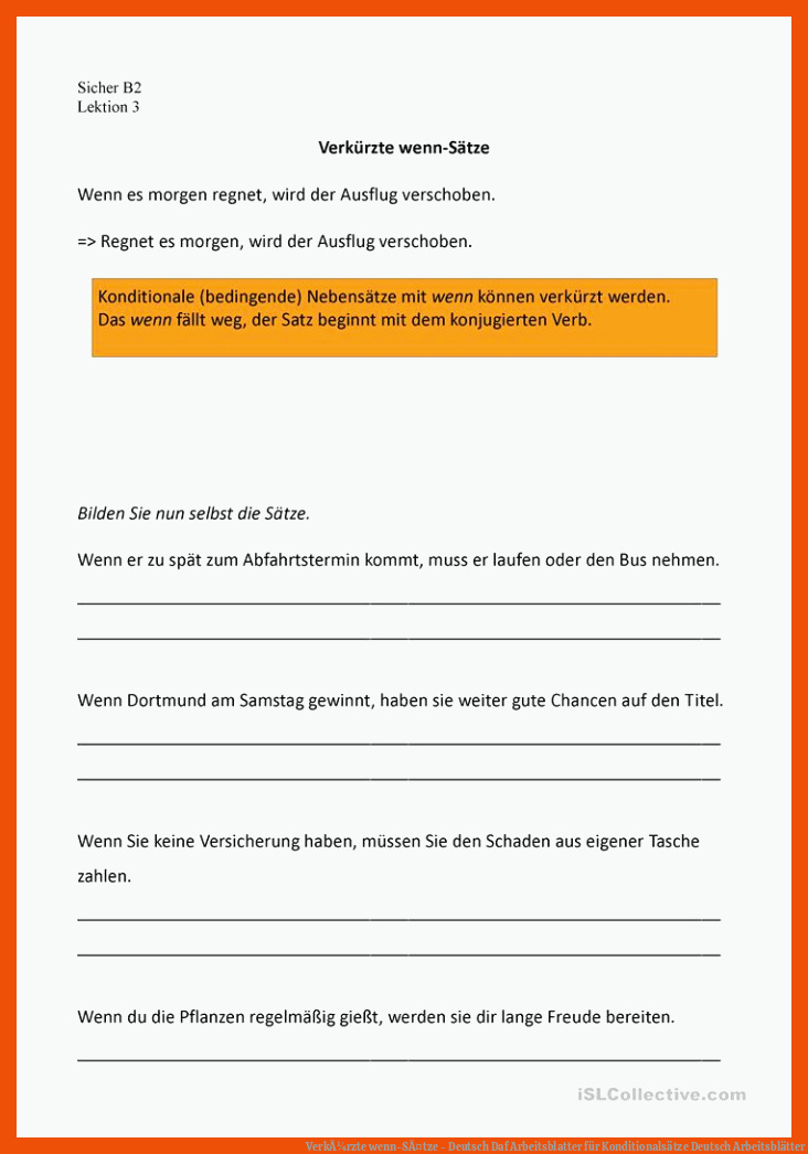 VerkÃ¼rzte wenn-SÃ¤tze - Deutsch Daf Arbeitsblatter für konditionalsätze deutsch arbeitsblätter