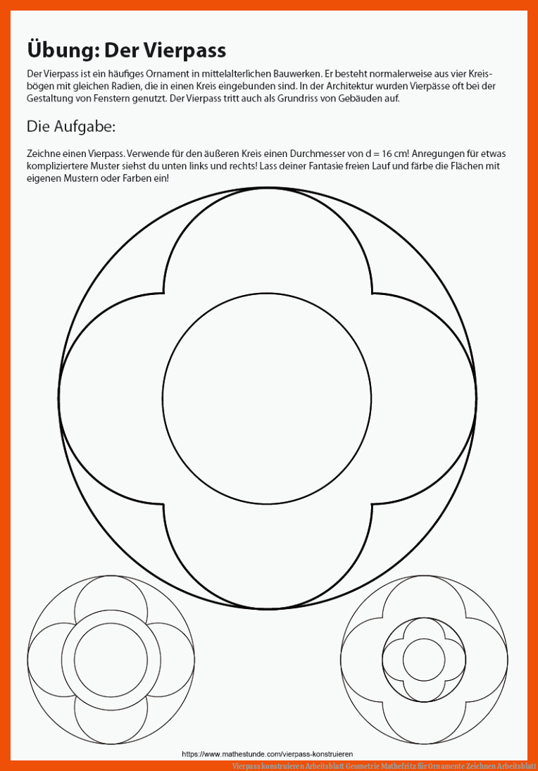 Vierpass konstruieren | Arbeitsblatt Geometrie Mathefritz für ornamente zeichnen arbeitsblatt