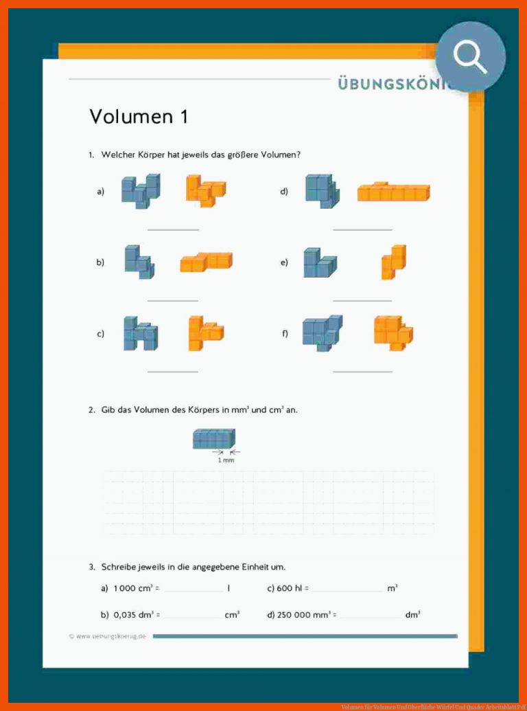Volumen für volumen und oberfläche würfel und quader arbeitsblatt pdf
