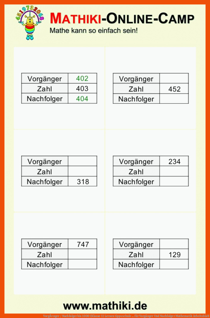 VorgÃ¤nger / Nachfolger bis 1000 (Klasse 3) | Lernen tipps schule ... für vorgänger und nachfolger mathematik arbeitsblatt