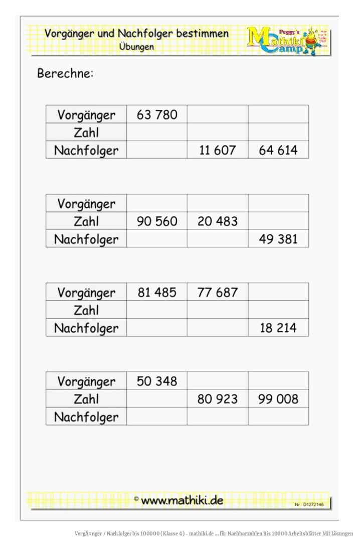 VorgÃ¤nger / Nachfolger bis 100000 (Klasse 4) - mathiki.de ... für Nachbarzahlen Bis 10000 Arbeitsblätter Mit Lösungen
