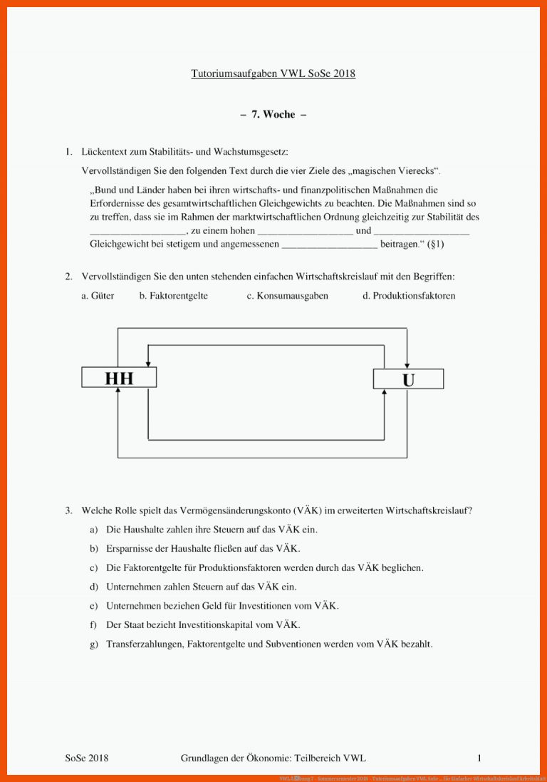 Vwl Ãbung 7 - sommersemester 2018 - Tutoriumsaufgaben Vwl sose ... Fuer Einfacher Wirtschaftskreislauf Arbeitsblatt