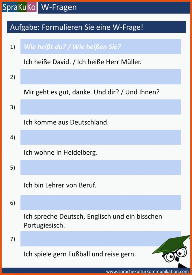 W-Fragen: Fragen mit Fragewort - Sprakuko - Deutsch lernen online für w fragen arbeitsblätter