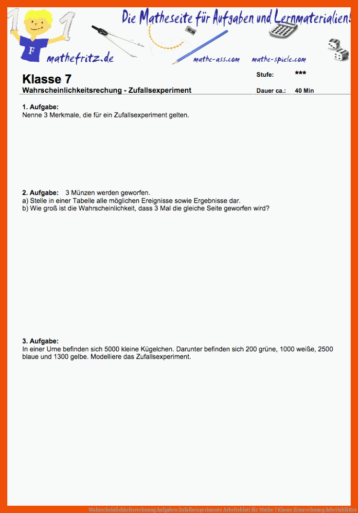 Wahrscheinlichkeitsrechnung Aufgaben Zufallsexperimente Arbeitsblatt für mathe 7 klasse zinsrechnung arbeitsblätter
