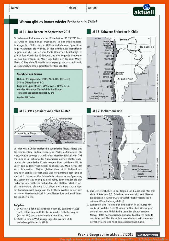 Warum gibt es immer wieder Erdbeben in Chile? - Ein Beispiel fÃ¼r ... für erdbeben arbeitsblätter
