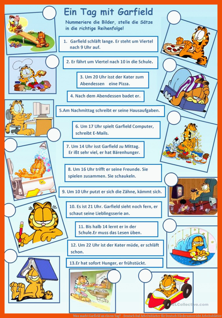 Was macht Garfield an einem Tag? - Deutsch Daf Arbeitsblatter für deutsch förderunterricht arbeitsblätter