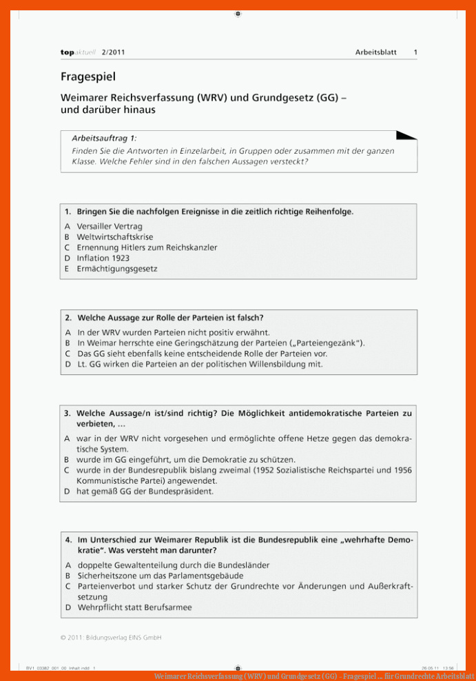Weimarer Reichsverfassung (WRV) und Grundgesetz (GG) - Fragespiel ... für grundrechte arbeitsblatt