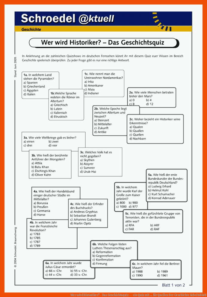 Wer wird Historiker? - Das Geschichtsquiz - - ein Quiz mit ... für quellen der geschichte arbeitsblatt