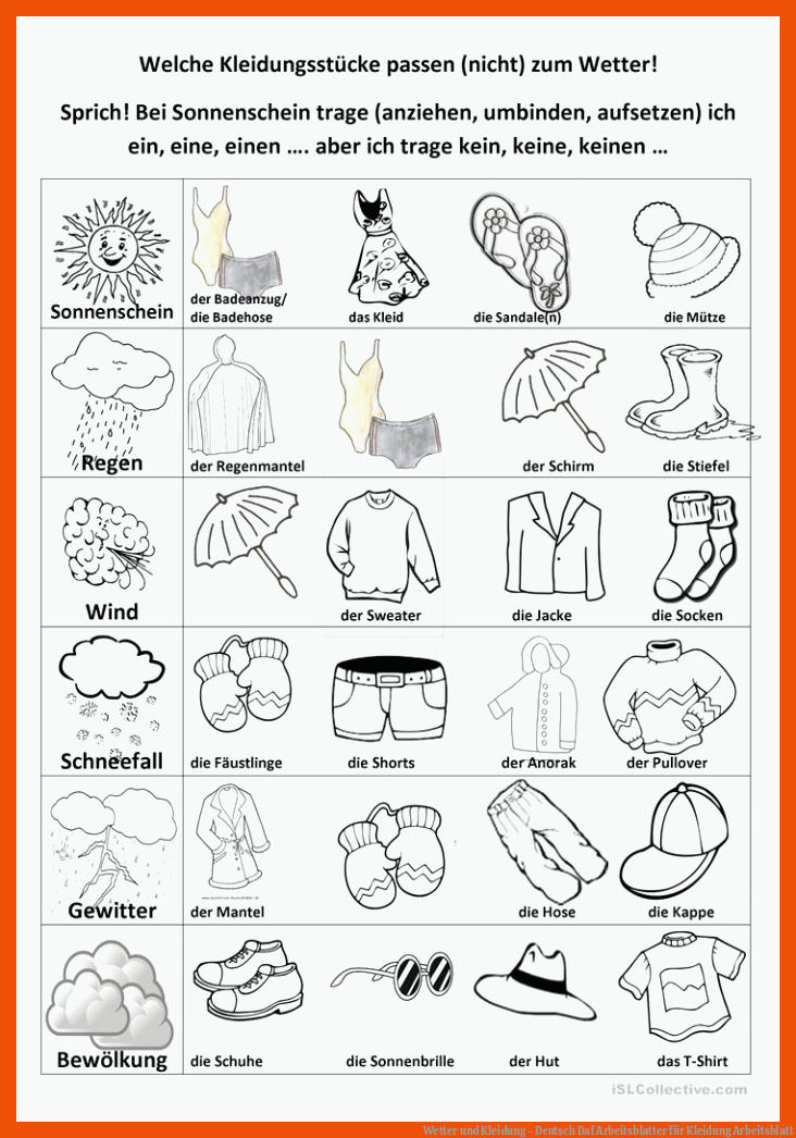 Wetter und Kleidung - Deutsch Daf Arbeitsblatter für kleidung arbeitsblatt