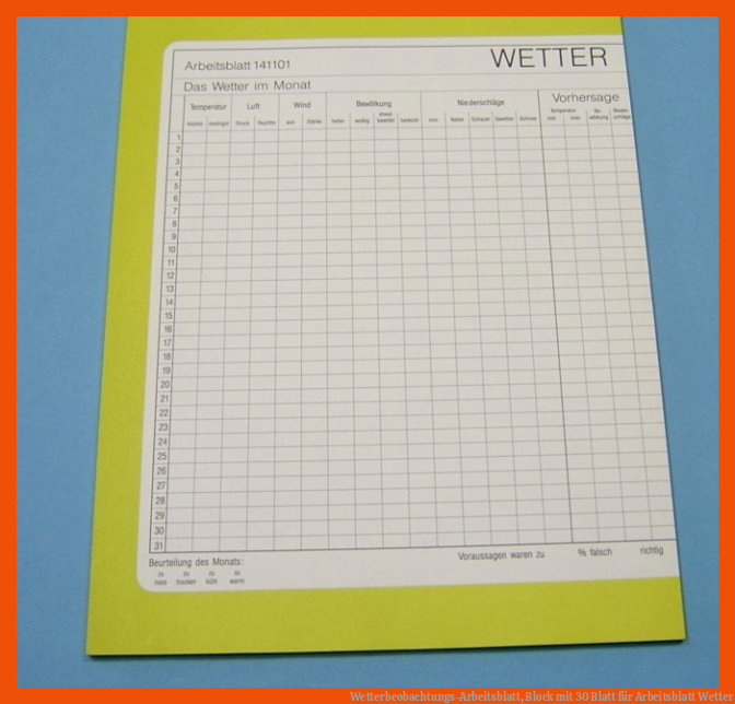 Wetterbeobachtungs-Arbeitsblatt, Block mit 30 Blatt für arbeitsblatt wetter
