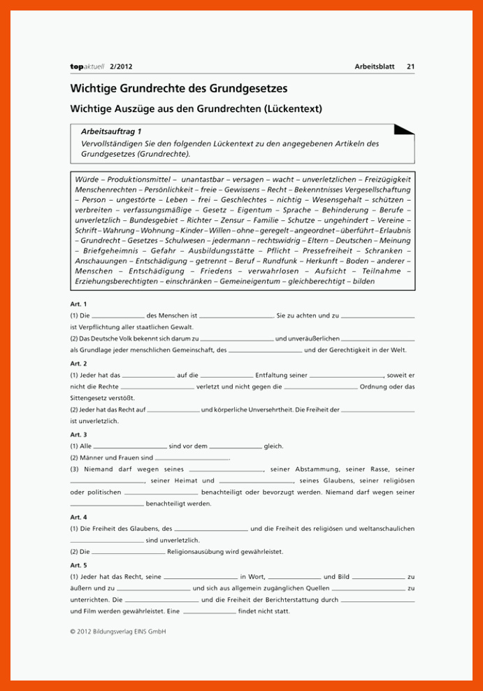 Wichtige Grundrechte des Grundgesetzes - Grundgesetz â Westermann für grundrechte arbeitsblatt