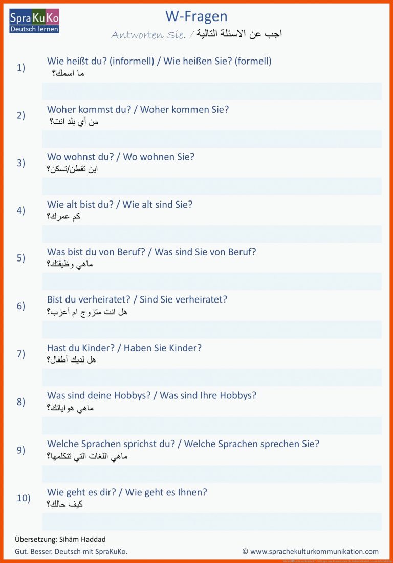 Wie heiÃen Sie auf Arabisch? - 10 Fragen zum Kennenlernen für arabisch deutsch lernen arbeitsblätter
