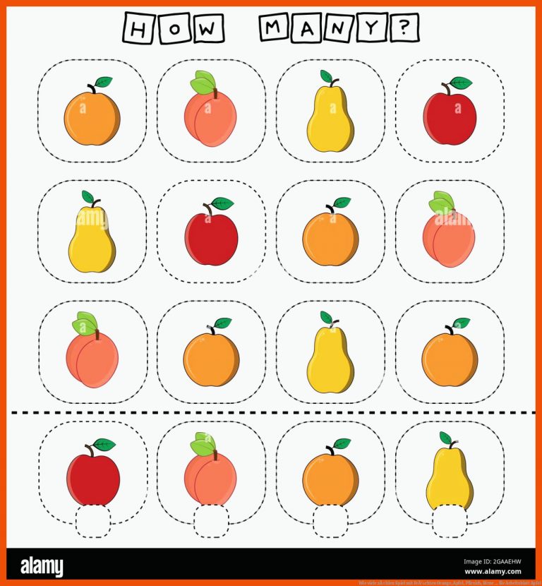 Wie viele zÃ¤hlen Spiel mit FrÃ¼chten Orange, Apfel, Pfirsich, Birne ... für arbeitsblatt apfel
