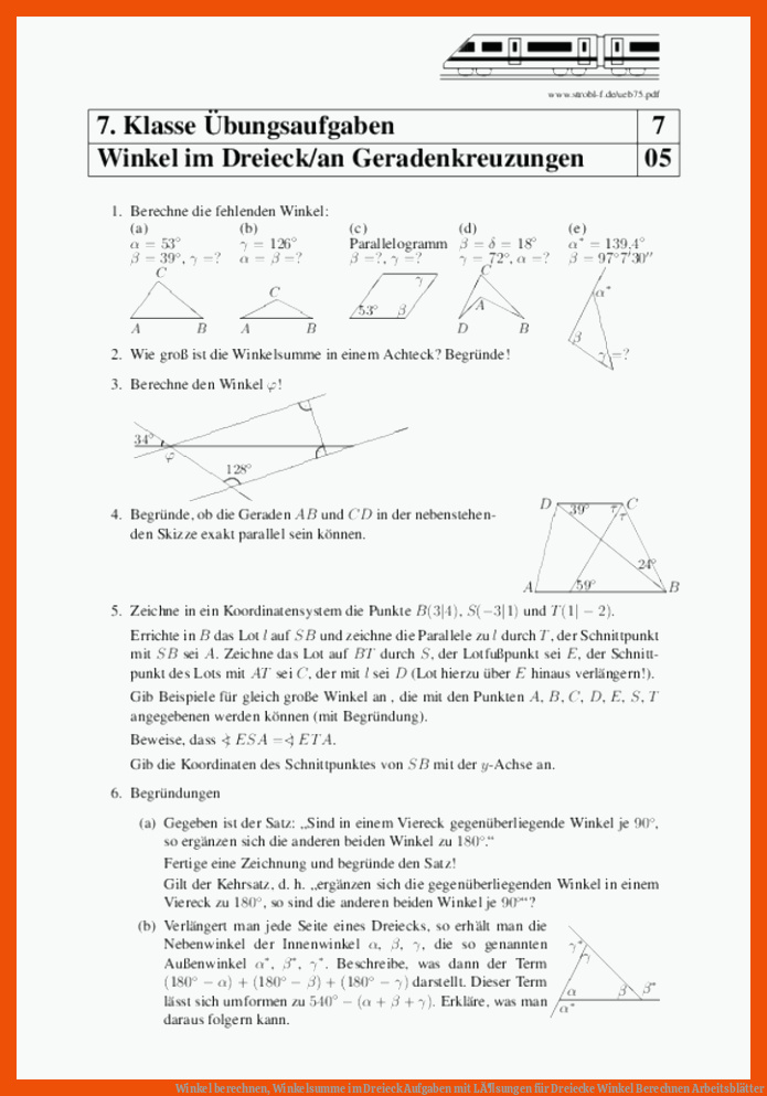 Winkel berechnen, Winkelsumme im Dreieck Aufgaben mit LÃ¶sungen für dreiecke winkel berechnen arbeitsblätter