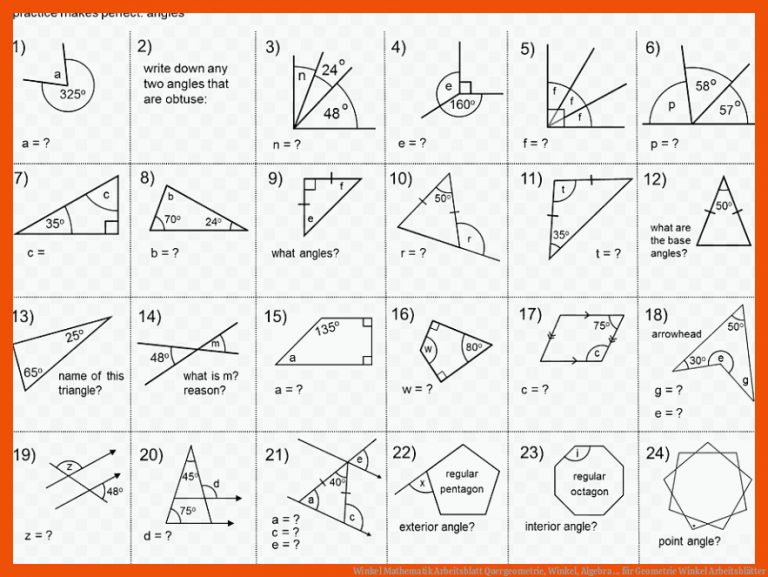 Winkel Mathematik Arbeitsblatt Quergeometrie, Winkel, Algebra ... Fuer Geometrie Winkel Arbeitsblätter