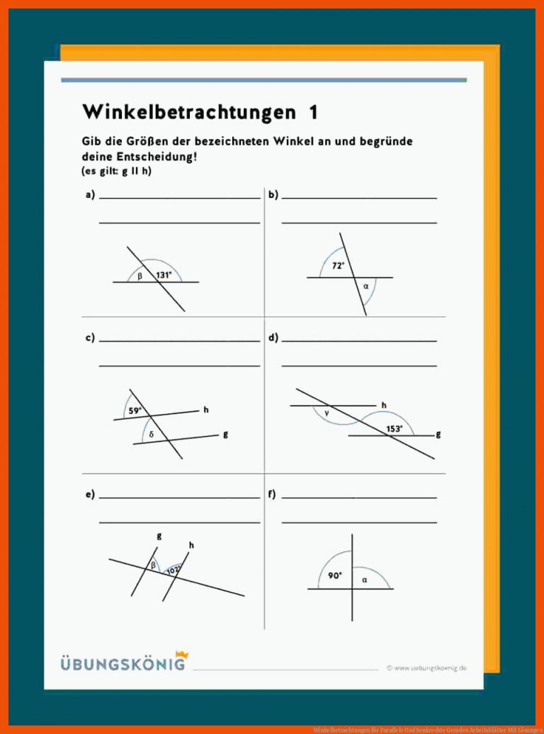 Winkelbetrachtungen Fuer Parallele Und Senkrechte Geraden Arbeitsblätter Mit Lösungen