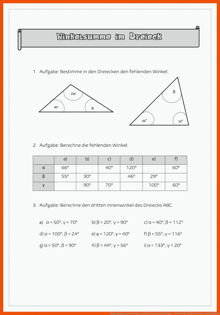 Winkelsumme im Dreieck mit Lernvideo | Dreieck, Arbeitsplaner ... für dreiecke winkel berechnen arbeitsblätter