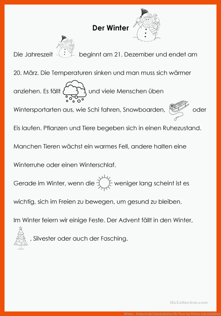 Winter - Deutsch Daf Arbeitsblatter für tiere im winter arbeitsblätter