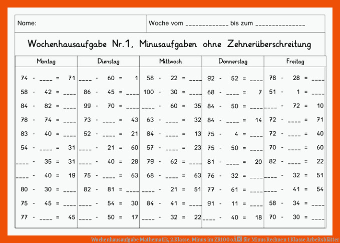 Wochenhausaufgabe Mathematik, 2.Klasse, Minus im ZR100 oÃ für minus rechnen 1 klasse arbeitsblätter