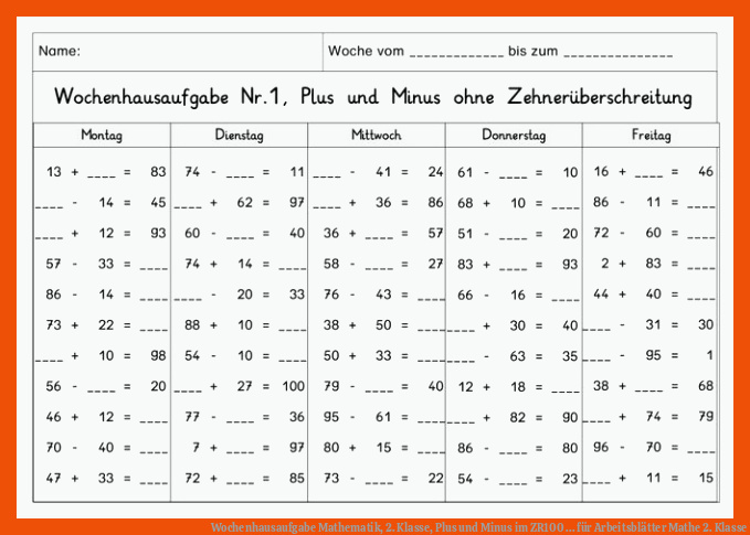 Wochenhausaufgabe Mathematik, 2. Klasse, Plus und Minus im ZR100 ... für arbeitsblätter mathe 2. klasse