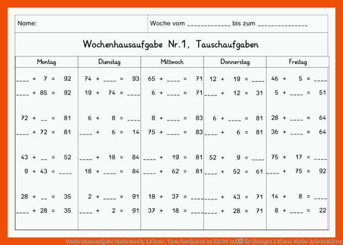 Wochenhausaufgabe Mathematik, 2.Klasse, Tauschaufgaben im ZR100 mÃ für übungen 2 klasse mathe arbeitsblätter