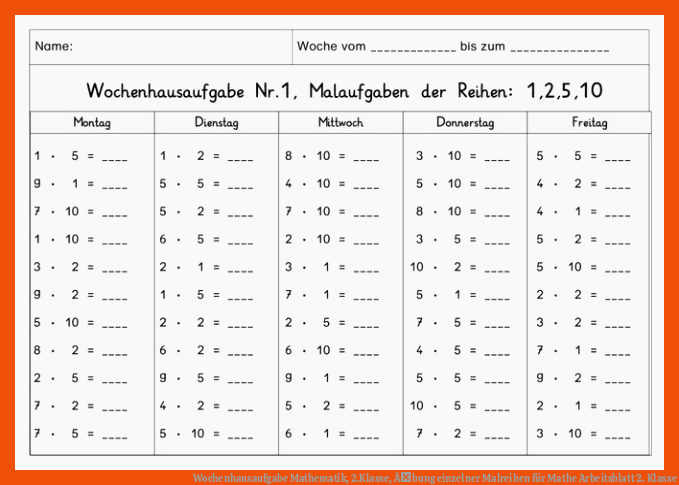 Wochenhausaufgabe Mathematik, 2.Klasse, Ãbung einzelner Malreihen für mathe arbeitsblatt 2. klasse