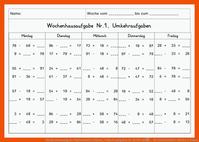 Wochenhausaufgabe Mathematik, 2.Klasse, Umkehraufgaben im ZR100 mÃ ... für arbeitsblätter mathe 2. klasse