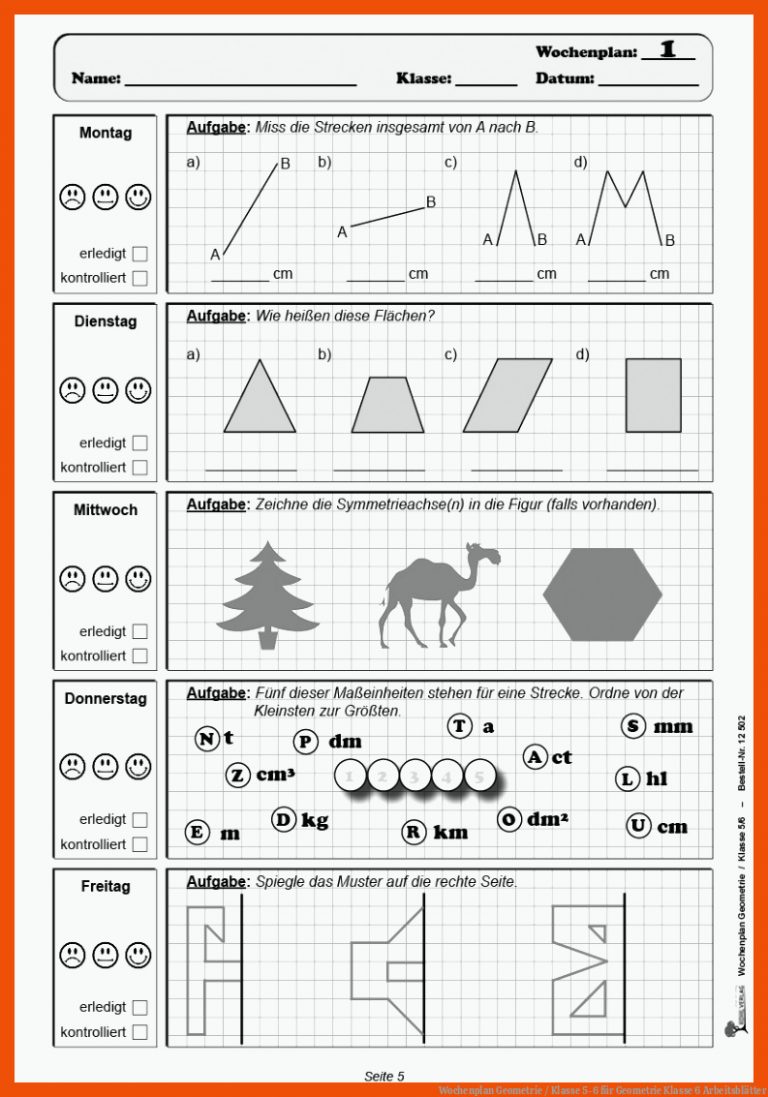 Wochenplan Geometrie / Klasse 5-6 für geometrie klasse 6 arbeitsblätter