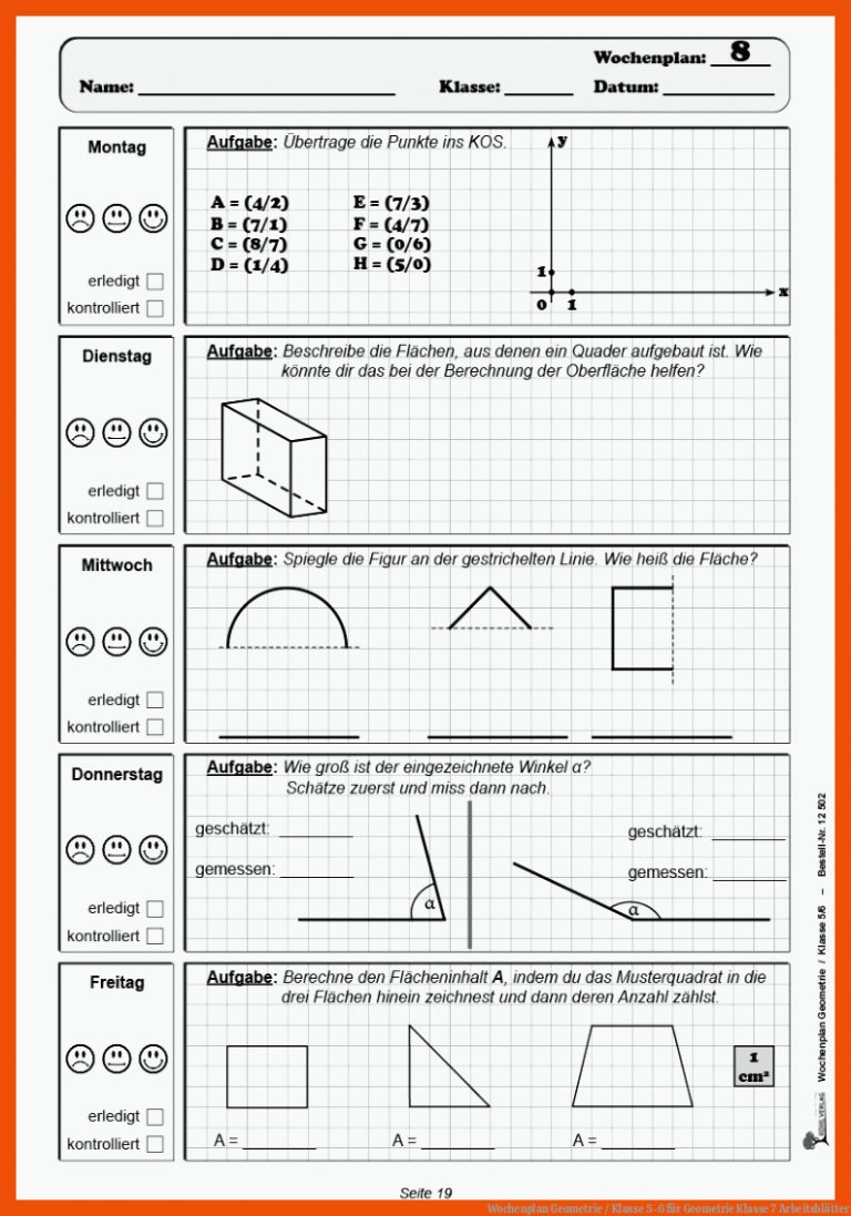Wochenplan Geometrie / Klasse 5-6 für geometrie klasse 7 arbeitsblätter