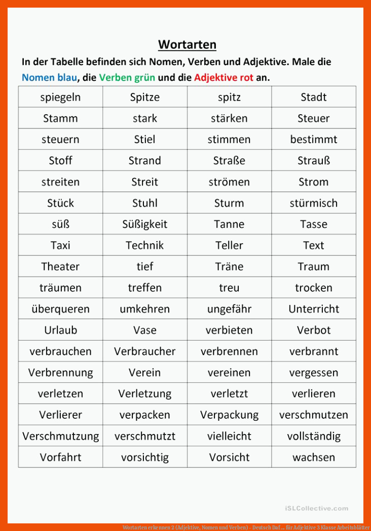 Wortarten erkennen 2 (Adjektive, Nomen und Verben) - Deutsch Daf ... für adjektive 3 klasse arbeitsblätter