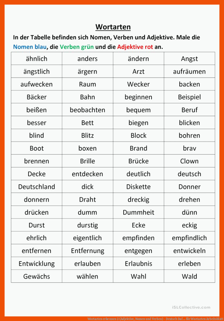 Wortarten erkennen 2 (Adjektive, Nomen und Verben) - Deutsch Daf ... für wortarten arbeitsblatt