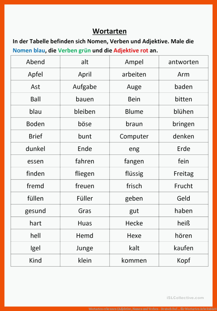 Wortarten erkennen (Adjektive, Nomen und Verben - Deutsch Daf ... für wortarten arbeitsblatt