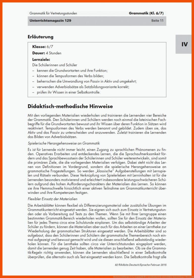 Wortarten Zeitformen & Co.: Grammatik FÃ¼r Zwischendurch Fuer Arbeitsblätter Deutsch Klasse 5 Wortarten