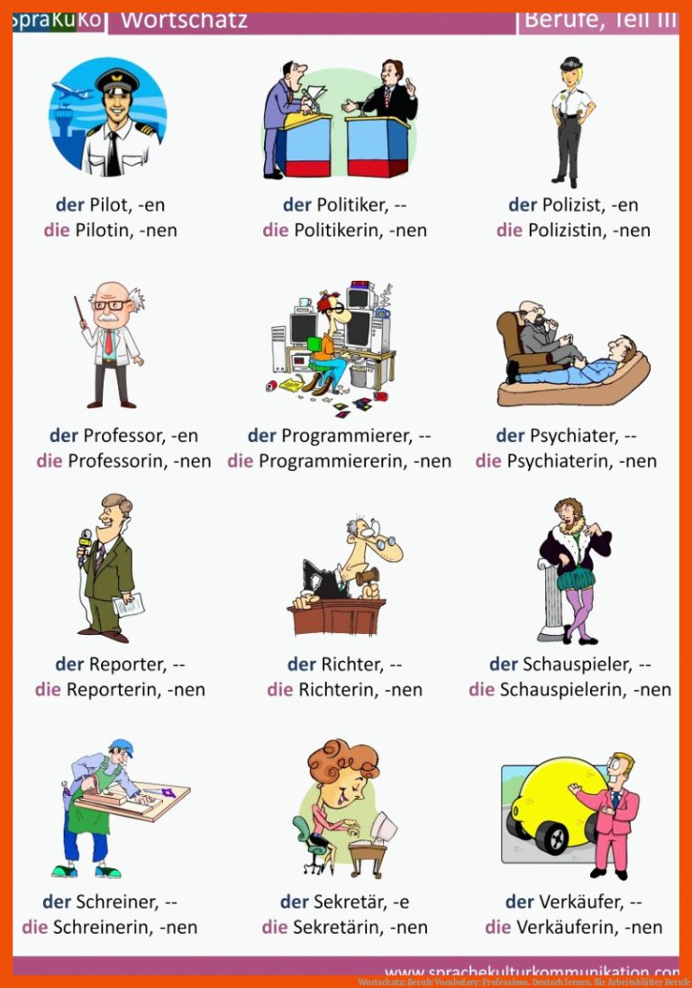 Wortschatz: Berufe Vocabulary: Professions. Deutsch Lernen. Fuer Arbeitsblätter Berufe