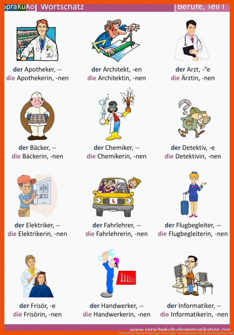 Wortschatz: Berufe | Vocabulary: Professions. Deutsch lernen. für berufe arbeitsblatt daf