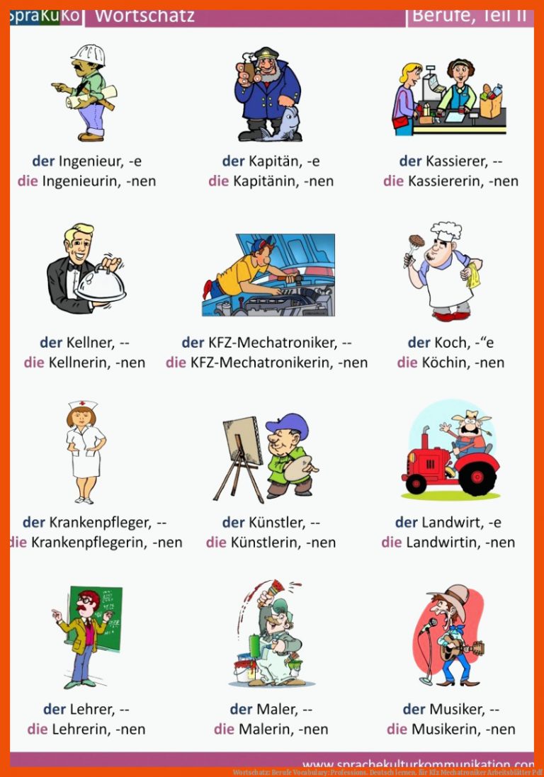 Wortschatz: Berufe | Vocabulary: Professions. Deutsch lernen. für kfz mechatroniker arbeitsblätter pdf