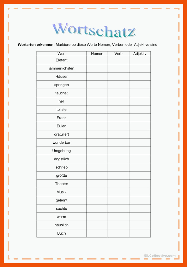 Wortschatz: Wortarten erkennen zwischen Nomen, Verb und Adjektiv ... für wortarten arbeitsblatt