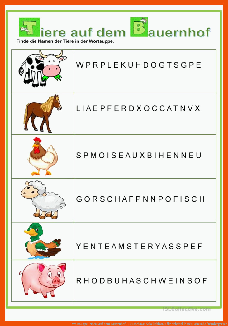 Wortsuppe - Tiere auf dem Bauernhof - Deutsch Daf Arbeitsblatter für arbeitsblätter bauernhof kindergarten
