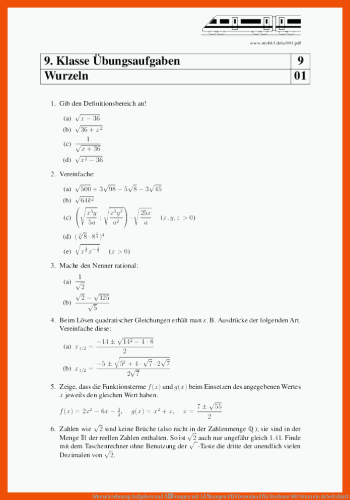 Wurzelrechnung Aufgaben und Ãbungen mit LÃ¶sungen | PDF Download für rechnen mit wurzeln arbeitsblatt