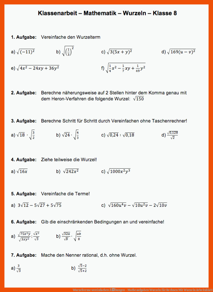 Wurzelterme vereinfachen Ãbungen - Matheaufgaben Wurzeln für rechnen mit wurzeln arbeitsblatt