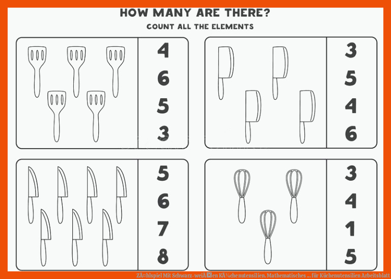 ZÃ¤hlspiel Mit Schwarz-weiÃen KÃ¼chenutensilien. Mathematisches ... für küchenutensilien arbeitsblatt