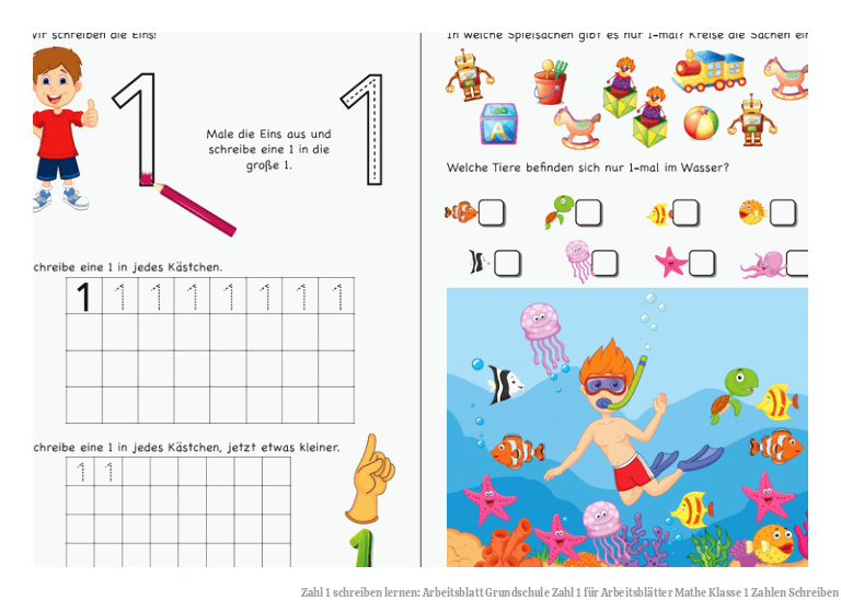 Zahl 1 schreiben lernen: Arbeitsblatt Grundschule Zahl 1 für Arbeitsblätter Mathe Klasse 1 Zahlen Schreiben